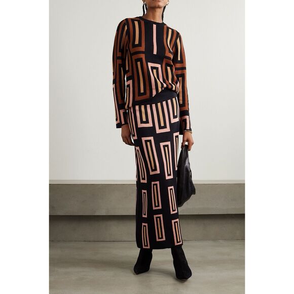 NWT Johanna Ortiz Camel Geometric Pyrography Sweater Midi Skirt Black Medium $75